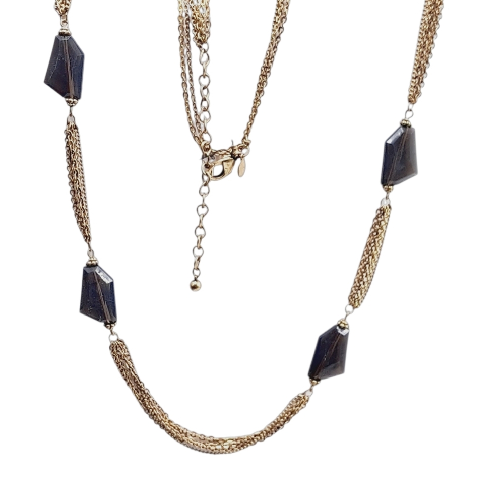 Chico’s Smoky Quartz Color Beaded Necklace Gold Tone 38" + 4" Ext | NWOT